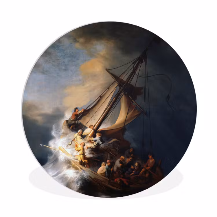 De storm op het meer van Galilea - Rembrandt van Rijn Wandcirkel kunststof plaat 5mm dik klein -3d