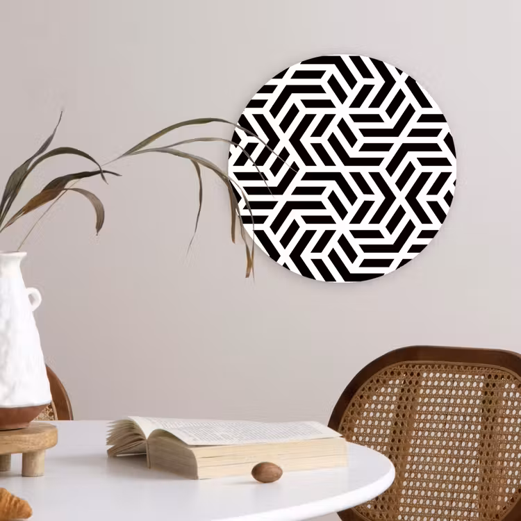 Design - Geometrie - Patroon - Zwart - Wit Wandcirkel kunststof plaat 5mm dik klein 188 -sfeer4