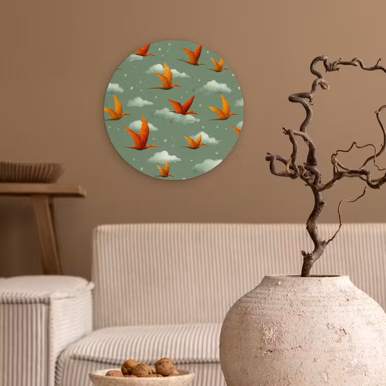 Dinosaurussen - Wolken - Sterren - Oranje Wandcirkel kunststof plaat 5mm dik klein -sfeer1