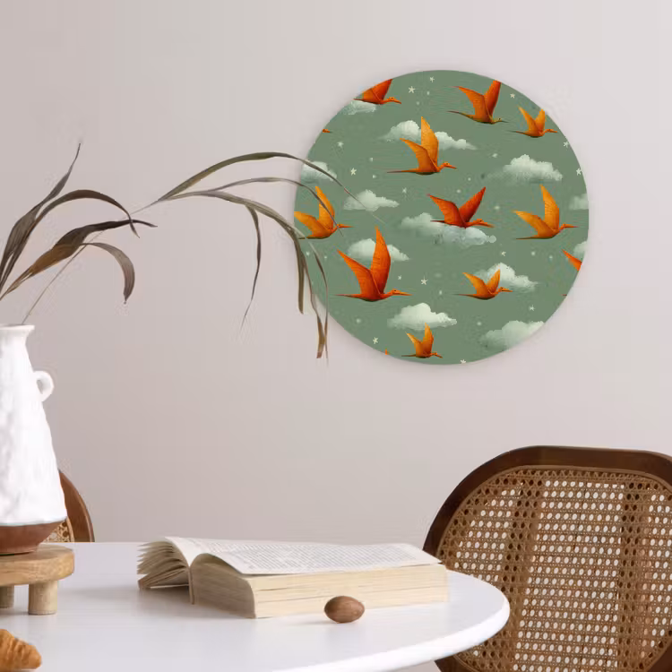 Dinosaurussen - Wolken - Sterren - Oranje Wandcirkel kunststof plaat 5mm dik klein -sfeer4