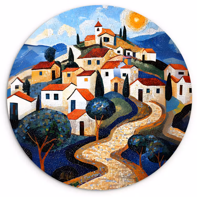 Dorp - Heuvelachtig - Zon - Mozaïek Wandcirkel kunststof plaat 5mm dik klein -3d
