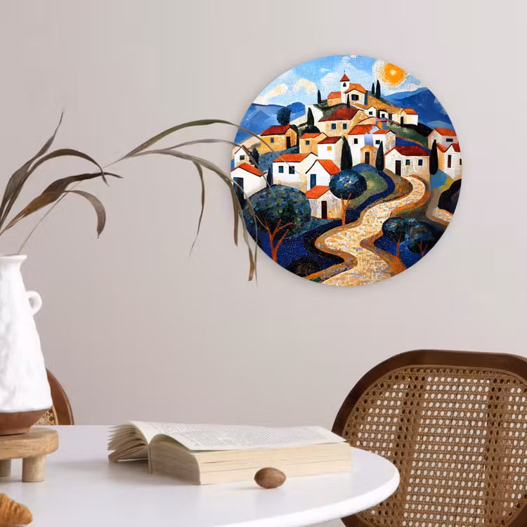 Dorp - Heuvelachtig - Zon - Mozaïek Wandcirkel kunststof plaat 5mm dik klein -sfeer4