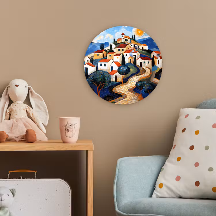 Dorp - Heuvelachtig - Zon - Mozaïek Wandcirkel kunststof plaat 5mm dik klein -tsfeer1_kind