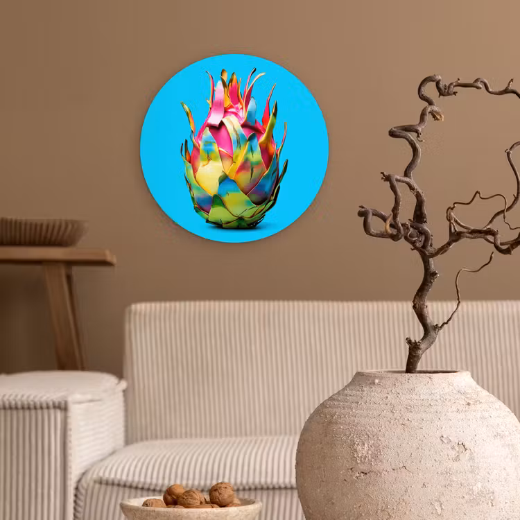 Drakenfruit - Blauw - Levendig Wandcirkel kunststof plaat 5mm dik klein -sfeer1