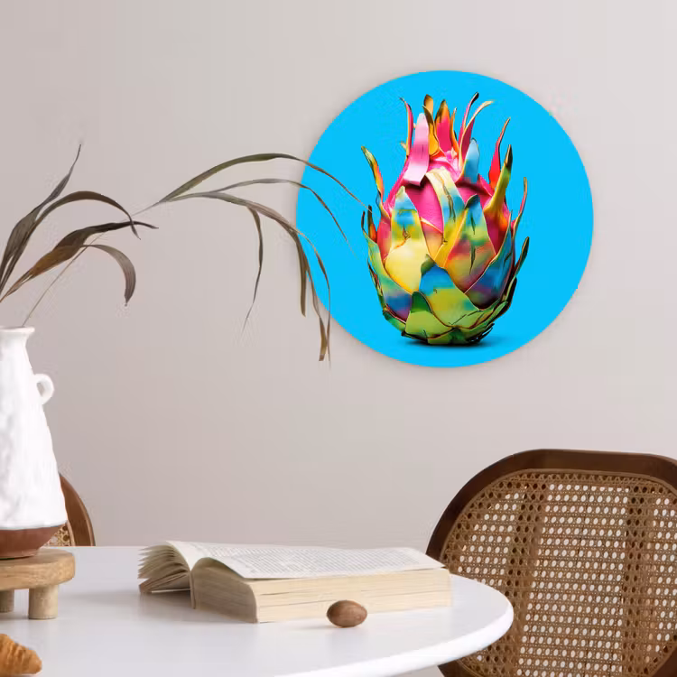 Drakenfruit - Blauw - Levendig Wandcirkel kunststof plaat 5mm dik klein -sfeer4