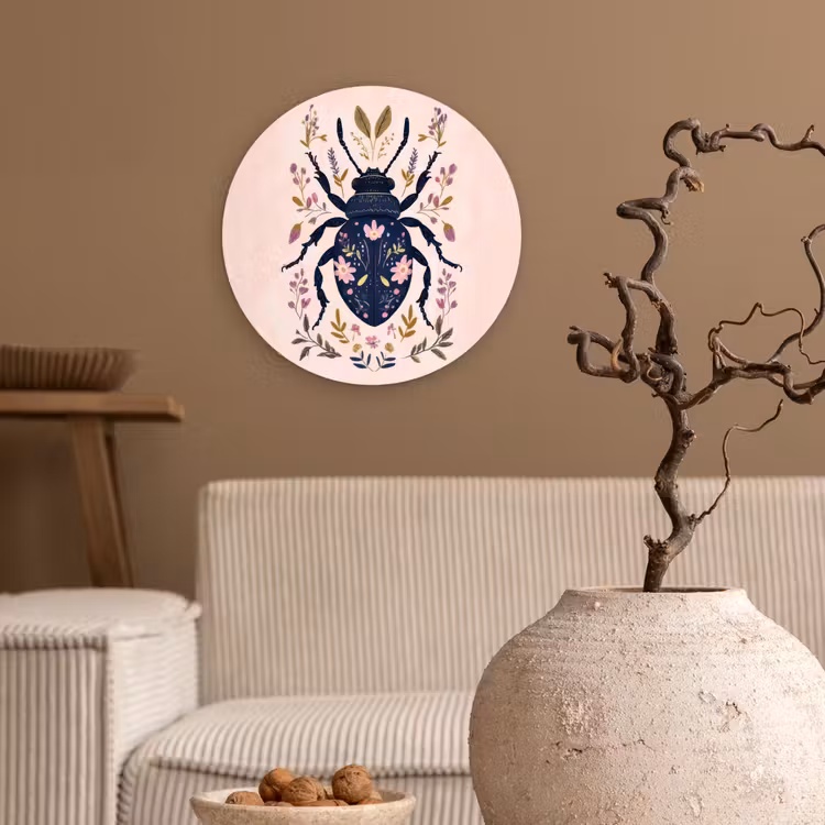 Donkerblauw - Kever - Bloemtakken - Sierlijk Wandcirkel kunststof plaat 5mm dik klein -sfeer1