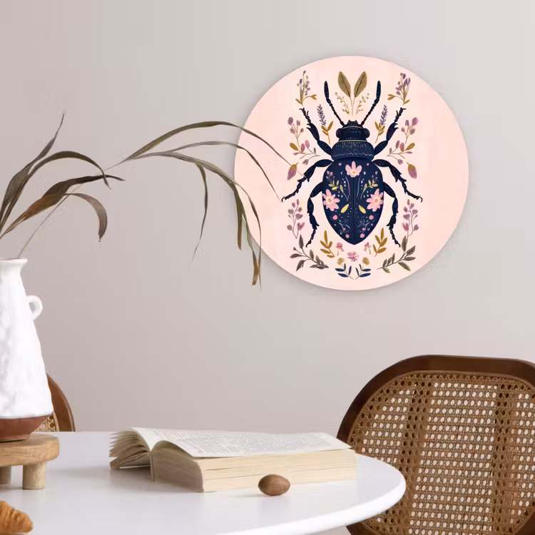 Donkerblauw - Kever - Bloemtakken - Sierlijk Wandcirkel kunststof plaat 5mm dik klein -sfeer4
