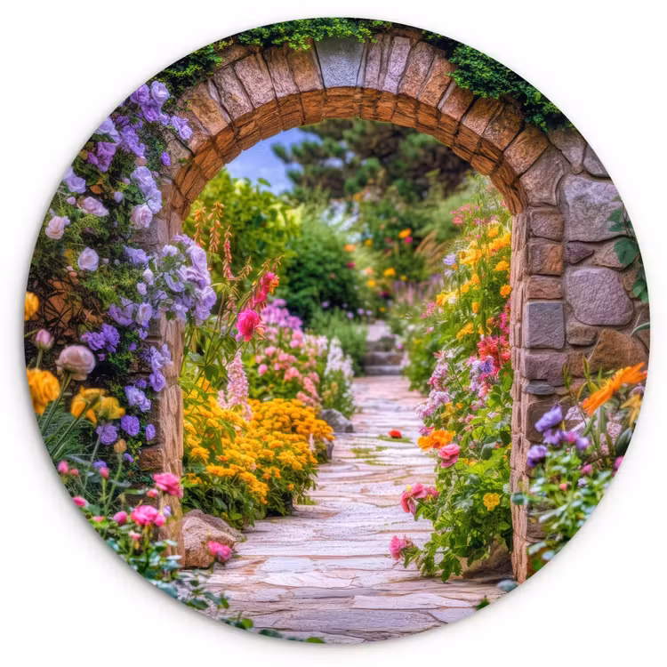 Doorkijk - Bloemen - Pad - Natuur Wandcirkel kunststof plaat 5mm dik klein -3d