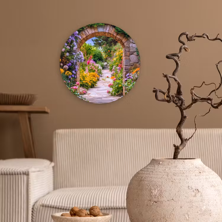 Doorkijk - Bloemen - Pad - Natuur Wandcirkel kunststof plaat 5mm dik klein -sfeer1