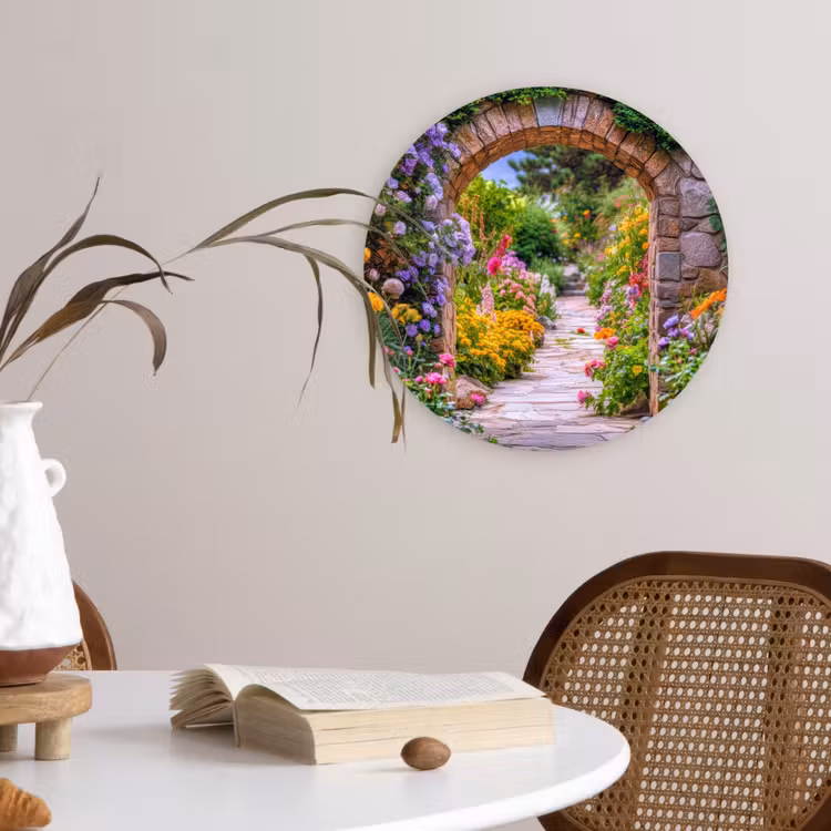 Doorkijk - Bloemen - Pad - Natuur Wandcirkel kunststof plaat 5mm dik klein -sfeer4