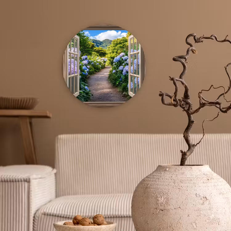 Doorkijk - Hortensia - Pad - Natuur Wandcirkel kunststof plaat 5mm dik klein -sfeer1