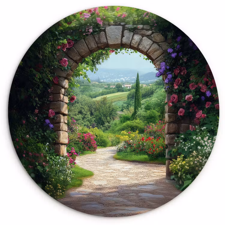 Doorkijk - Landschap - Bloemen - Pad - Uitzicht Wandcirkel kunststof plaat 5mm dik klein -3d