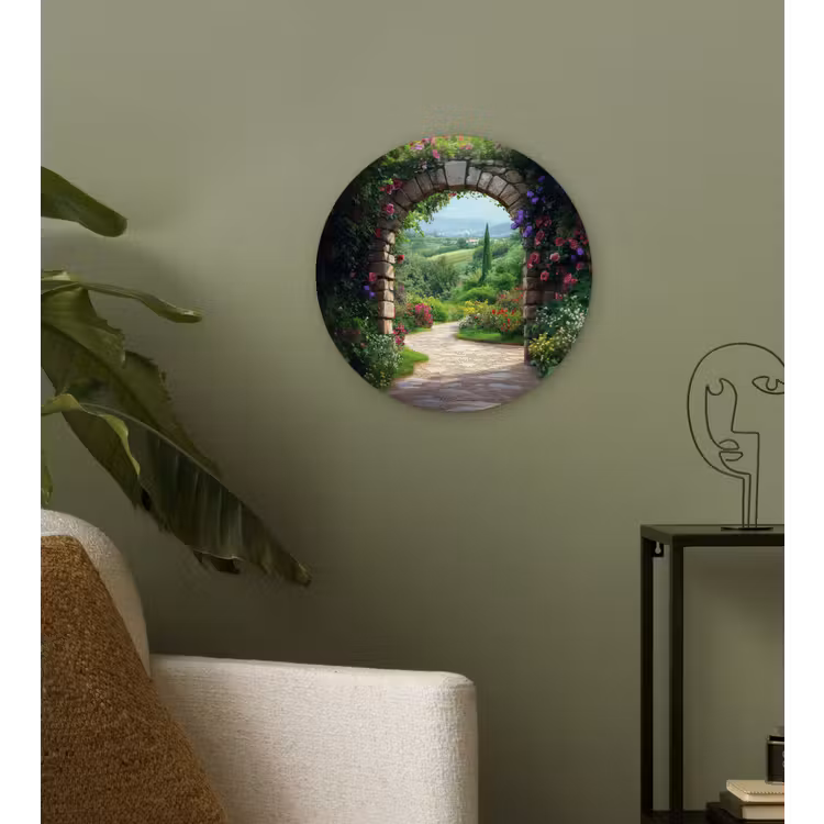 Doorkijk - Landschap - Bloemen - Pad - Uitzicht Wandcirkel kunststof plaat 5mm dik klein -sfeer3