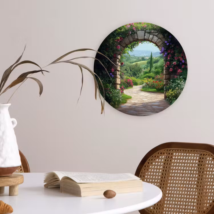 Doorkijk - Landschap - Bloemen - Pad - Uitzicht Wandcirkel kunststof plaat 5mm dik klein -sfeer4