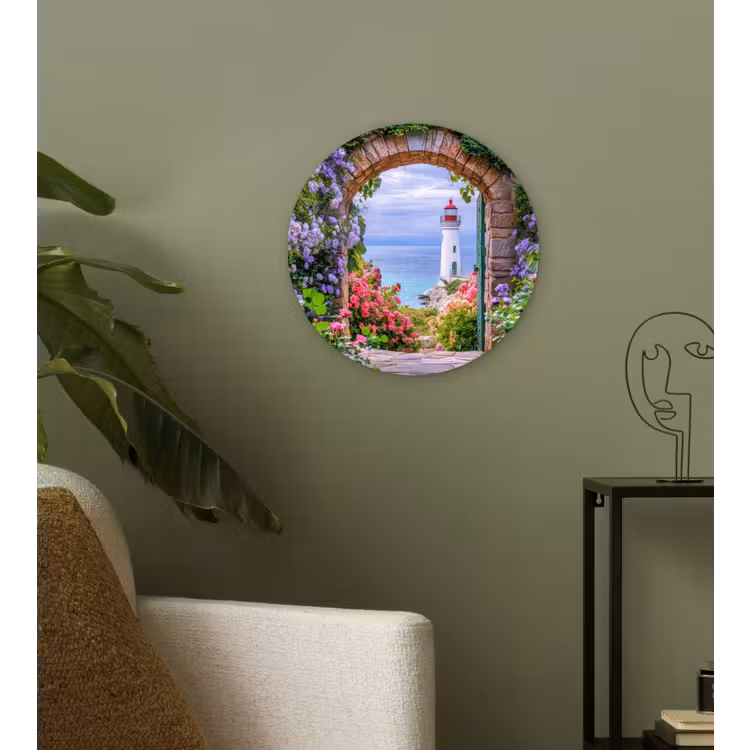 Doorkijk - Vuurtoren - Bloemen - Uitzicht Wandcirkel kunststof plaat 5mm dik klein -sfeer3