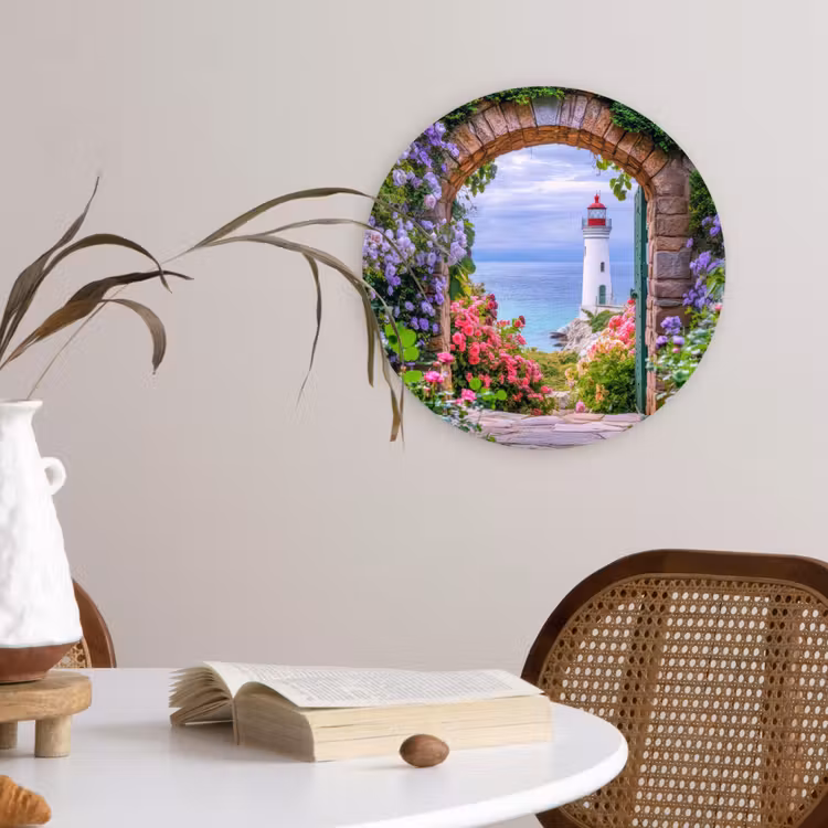 Doorkijk - Vuurtoren - Bloemen - Uitzicht Wandcirkel kunststof plaat 5mm dik klein -sfeer4