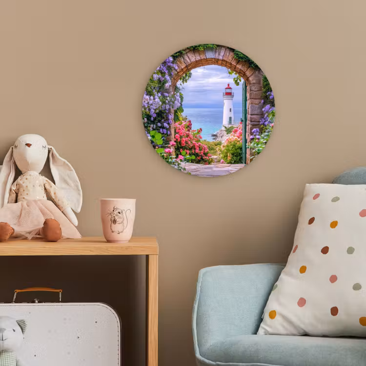 Doorkijk - Vuurtoren - Bloemen - Uitzicht Wandcirkel kunststof plaat 5mm dik klein -tsfeer1_kind