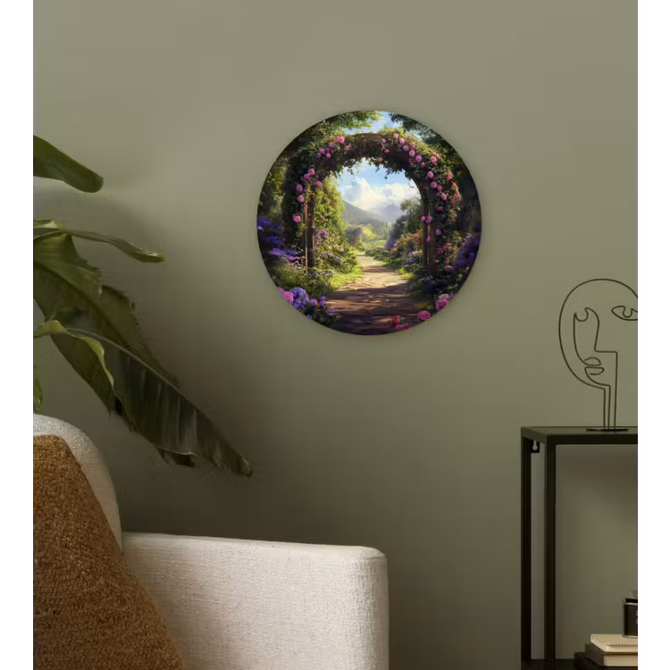 Doorkijk - Rozenboog - Uitzicht - Landschap - Bloemen Wandcirkel kunststof plaat 5mm dik klein -sfeer3