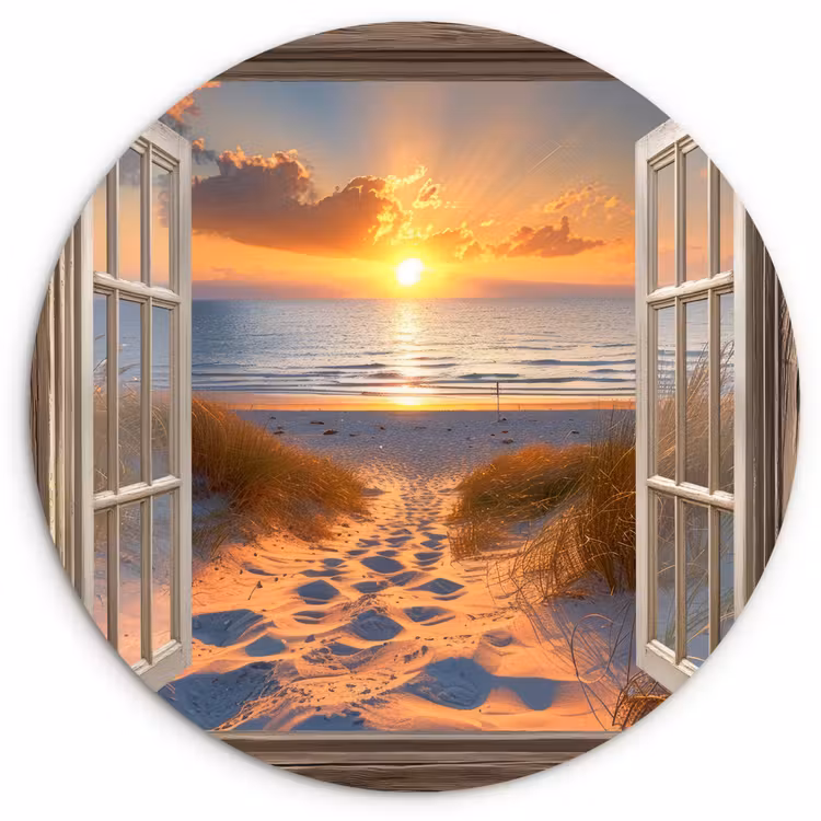 Doorkijk - Strand - Duinen - Zonsondergang Wandcirkel kunststof plaat 5mm dik klein -3d