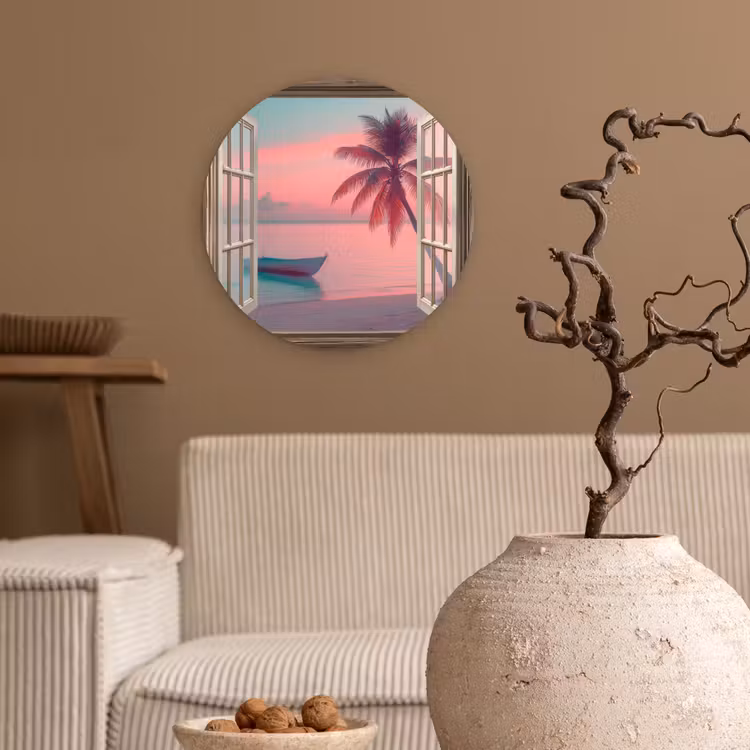 Doorkijk - Strand - Palmboom - Tropisch Wandcirkel kunststof plaat 5mm dik klein -sfeer1