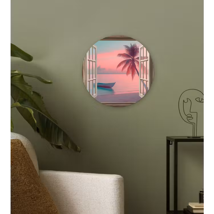 Doorkijk - Strand - Palmboom - Tropisch Wandcirkel kunststof plaat 5mm dik klein -sfeer3