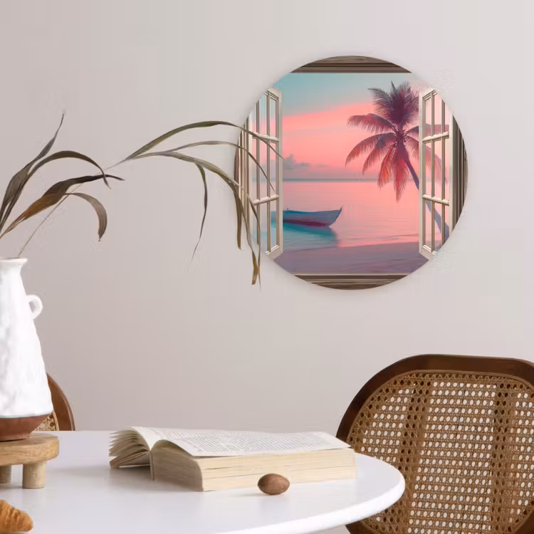 Doorkijk - Strand - Palmboom - Tropisch Wandcirkel kunststof plaat 5mm dik klein -sfeer4