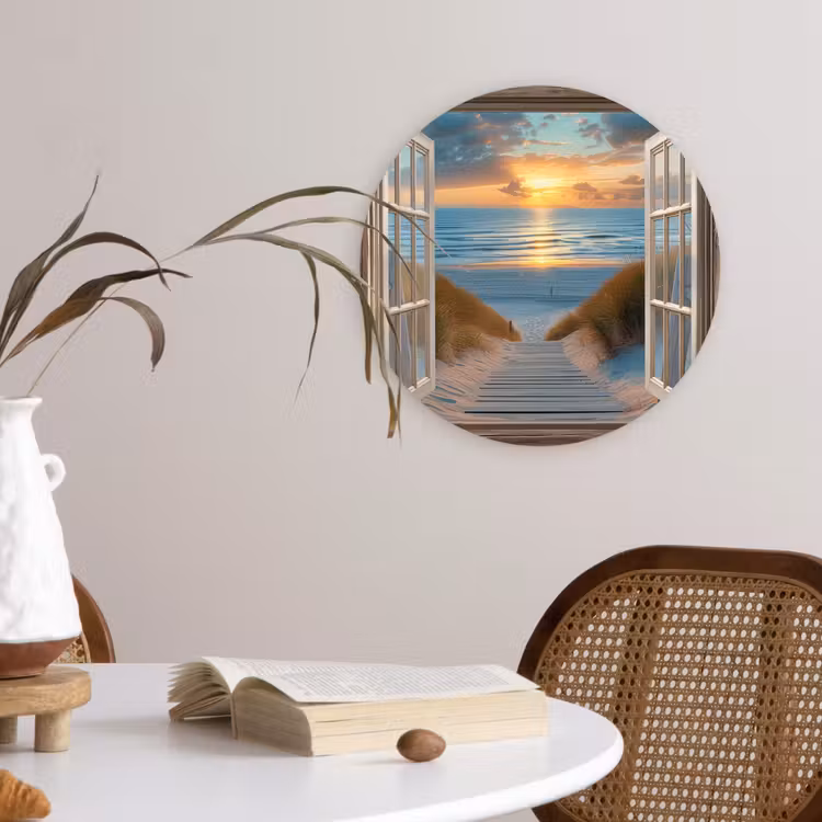 Doorkijk - Strand - Pad - Zonsondergang Wandcirkel kunststof plaat 5mm dik klein -sfeer4