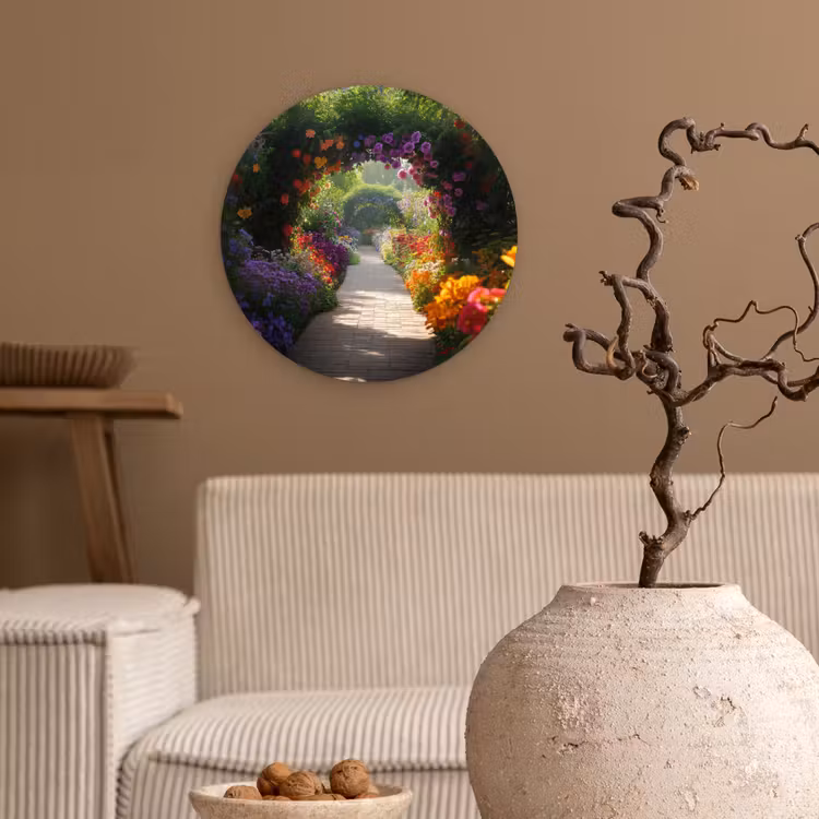 Doorkijk - Pad - Bloemen - Struik - Kleurrijk Wandcirkel kunststof plaat 5mm dik klein -sfeer1