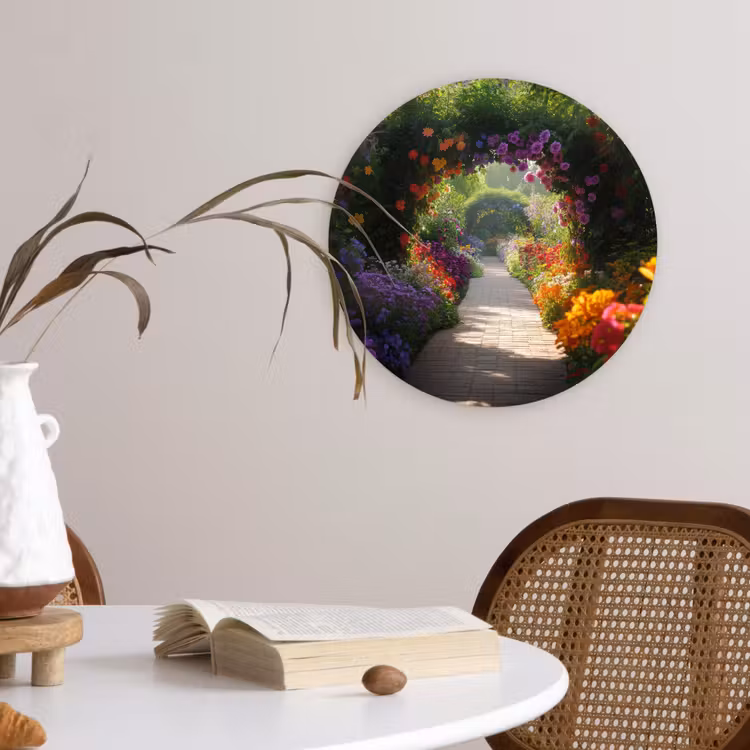 Doorkijk - Pad - Bloemen - Struik - Kleurrijk Wandcirkel kunststof plaat 5mm dik klein -sfeer4