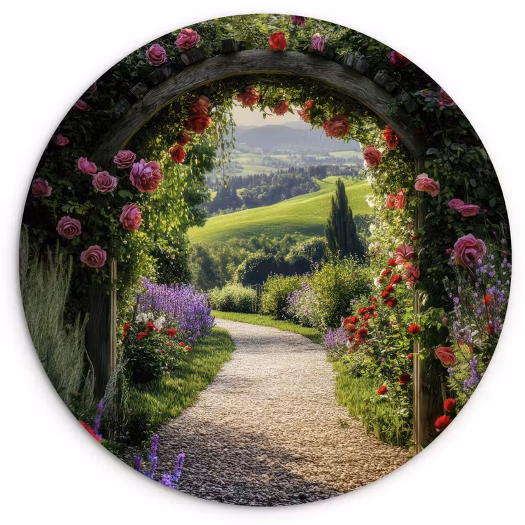 Doorkijk - Tuinboog - Bloemen - Natuur - Pad Wandcirkel kunststof plaat 5mm dik klein -3d