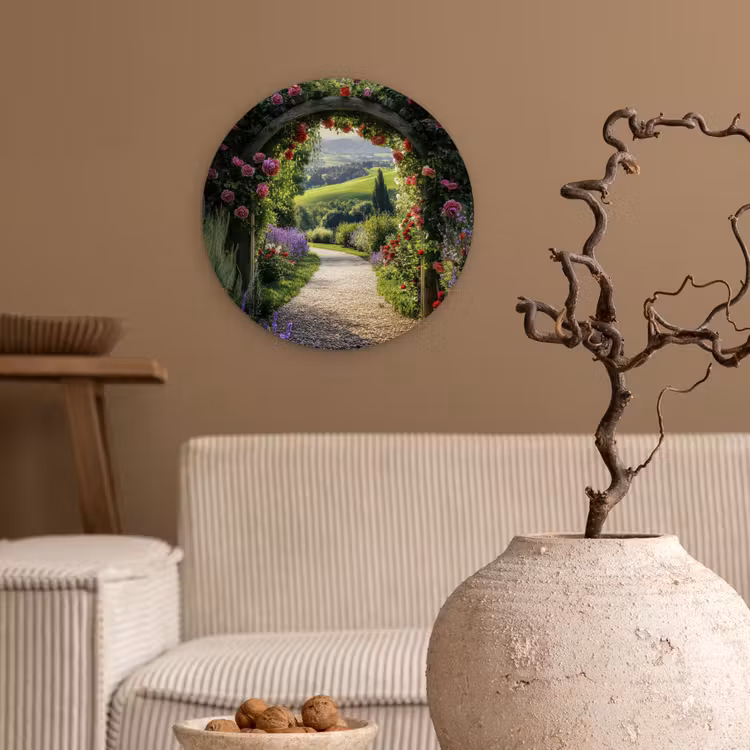 Doorkijk - Tuinboog - Bloemen - Natuur - Pad Wandcirkel kunststof plaat 5mm dik klein -sfeer1