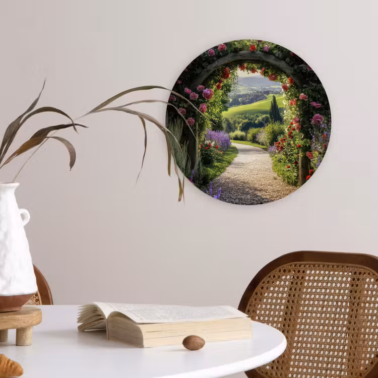 Doorkijk - Tuinboog - Bloemen - Natuur - Pad Wandcirkel kunststof plaat 5mm dik klein -sfeer4