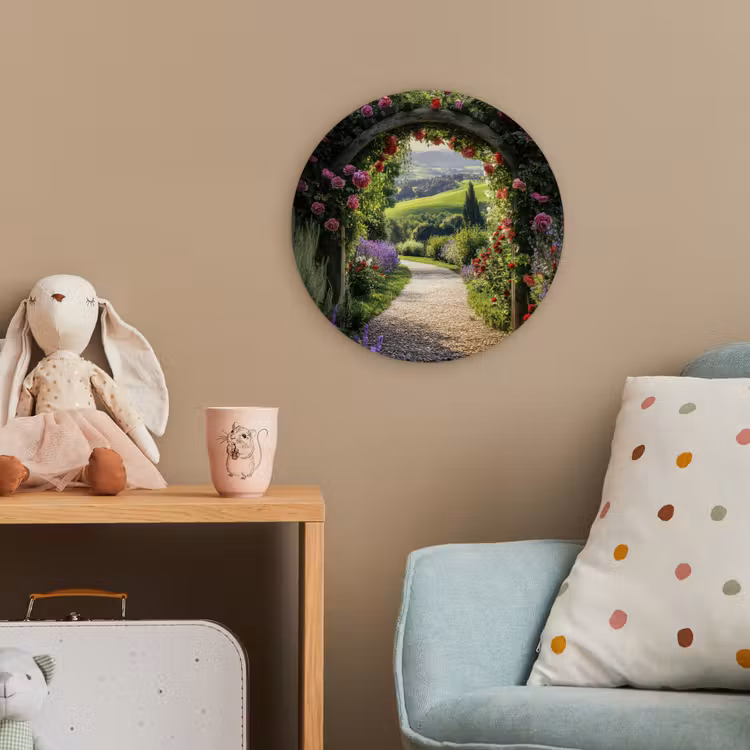 Doorkijk - Tuinboog - Bloemen - Natuur - Pad Wandcirkel kunststof plaat 5mm dik klein -tsfeer1_kind