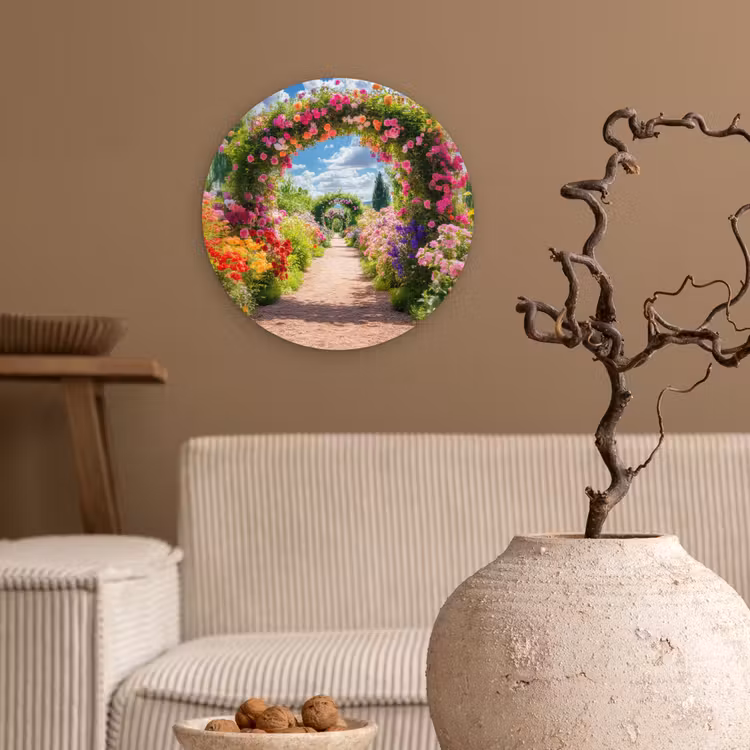 Doorkijk - Bloemen - Kleurrijk - Natuur Wandcirkel kunststof plaat 5mm dik klein -sfeer1
