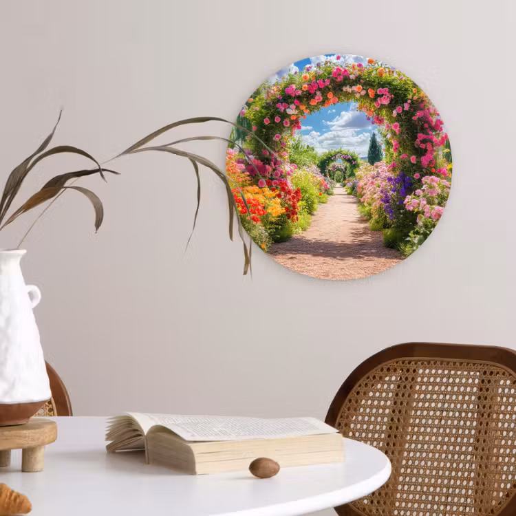 Doorkijk - Bloemen - Kleurrijk - Natuur Wandcirkel kunststof plaat 5mm dik klein -sfeer4