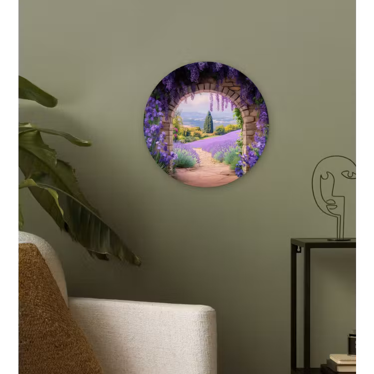 Doorkijk - Lavendel - Bloemen - Paars - Poort Wandcirkel kunststof plaat 5mm dik klein -sfeer3
