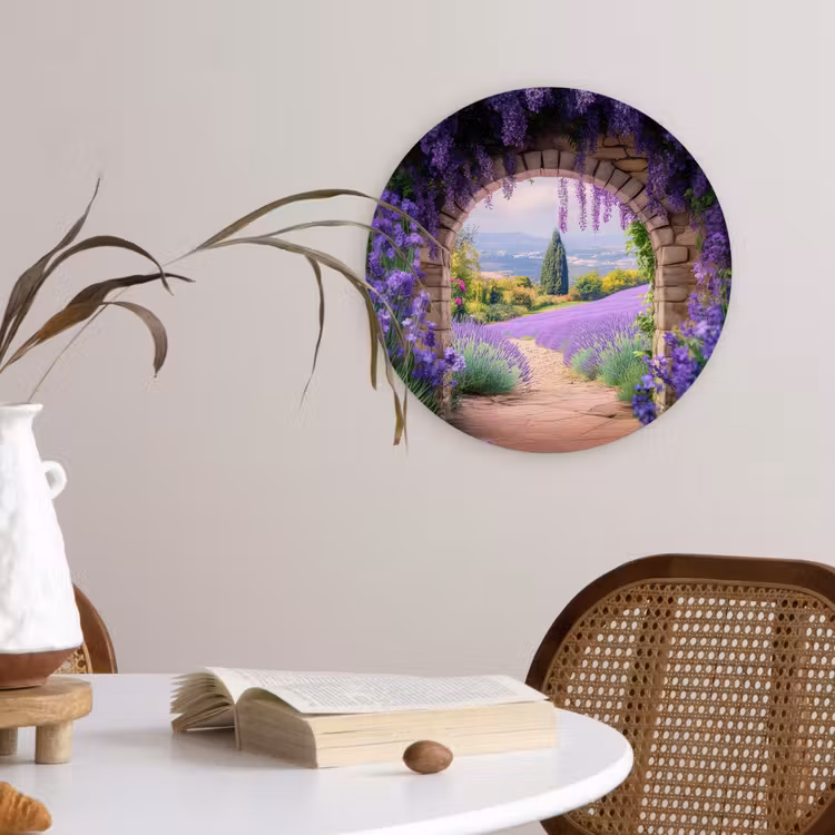 Doorkijk - Lavendel - Bloemen - Paars - Poort Wandcirkel kunststof plaat 5mm dik klein -sfeer4