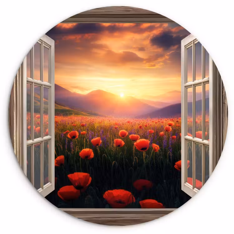 Doorkijk - Klaprozen - Bloemen - Rood - Open raam Wandcirkel kunststof plaat 5mm dik klein -3d