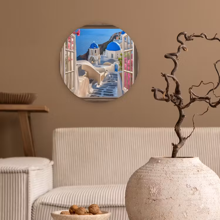 Doorkijk - Santorini - Landschap - Blauw - Grieks Wandcirkel kunststof plaat 5mm dik klein -sfeer1