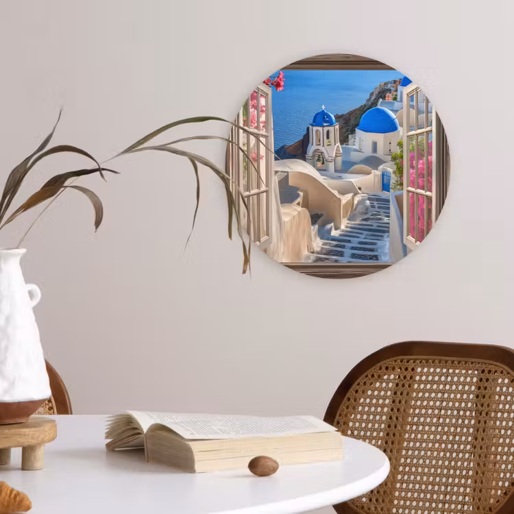 Doorkijk - Santorini - Landschap - Blauw - Grieks Wandcirkel kunststof plaat 5mm dik klein -sfeer4