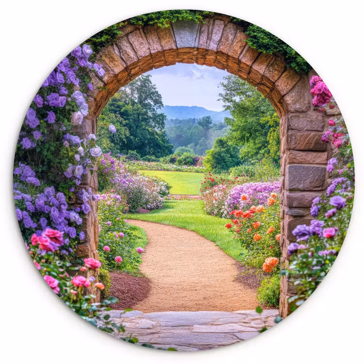 Doorkijk - Poort - Bloemen - Tuin Wandcirkel kunststof plaat 5mm dik klein -3d