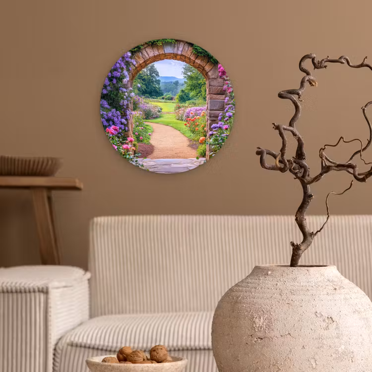 Doorkijk - Poort - Bloemen - Tuin Wandcirkel kunststof plaat 5mm dik klein -sfeer1