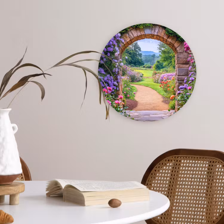 Doorkijk - Poort - Bloemen - Tuin Wandcirkel kunststof plaat 5mm dik klein -sfeer4