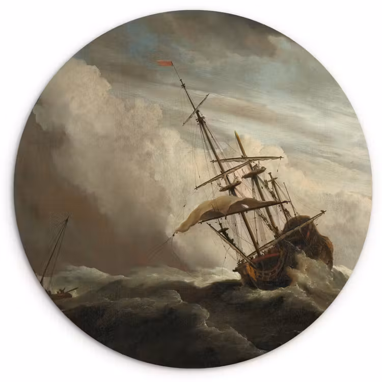 Een schip in volle zee bij vliegende storm - Schilderij van Willem van de Velde Wandcirkel kunststof plaat 5mm dik klein -3d