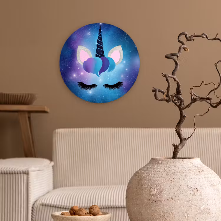 Eenhoorn - Sterren - Magisch - Blauw Wandcirkel kunststof plaat 5mm dik klein -sfeer1