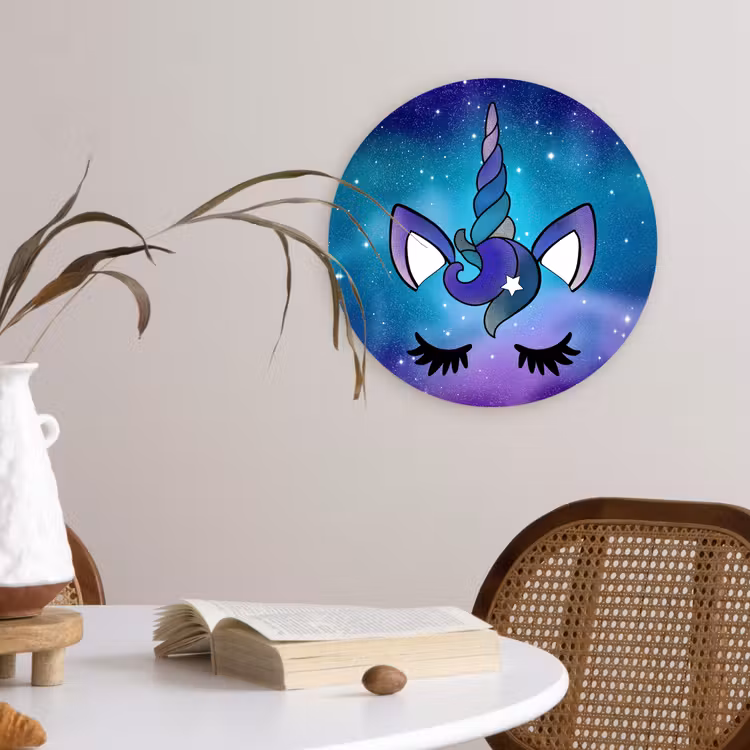 Eenhoorn - Sterrenhemel - Ster - Blauw Wandcirkel kunststof plaat 5mm dik klein -sfeer4