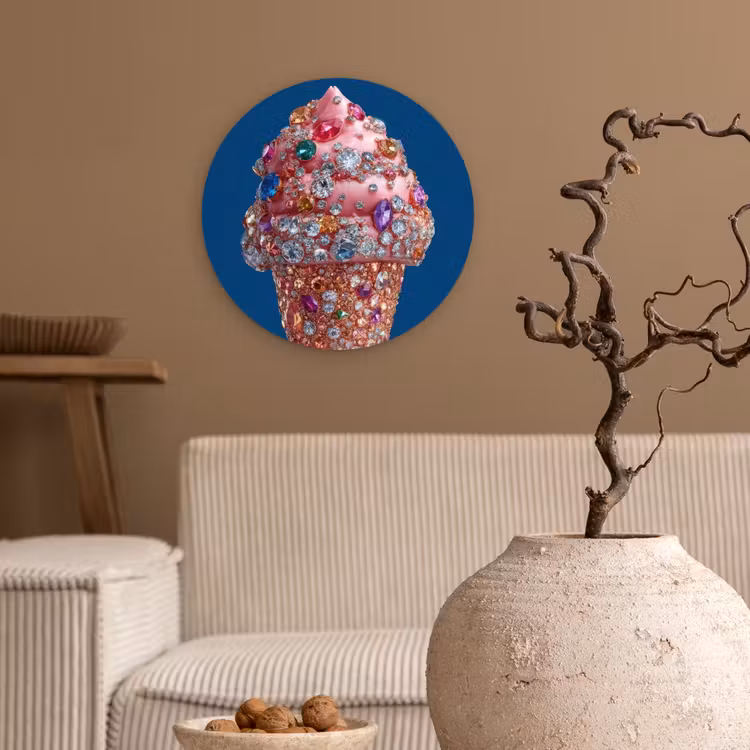 Ijsje - Hoorntje - Steentjes - Blauw Wandcirkel kunststof plaat 5mm dik klein -sfeer1
