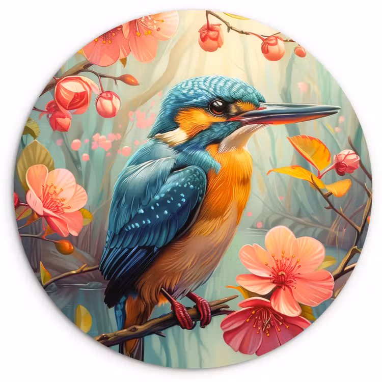 IJsvogel - Bloesem - Natuur - Vogels - Bloemen Wandcirkel kunststof plaat 5mm dik klein -3d