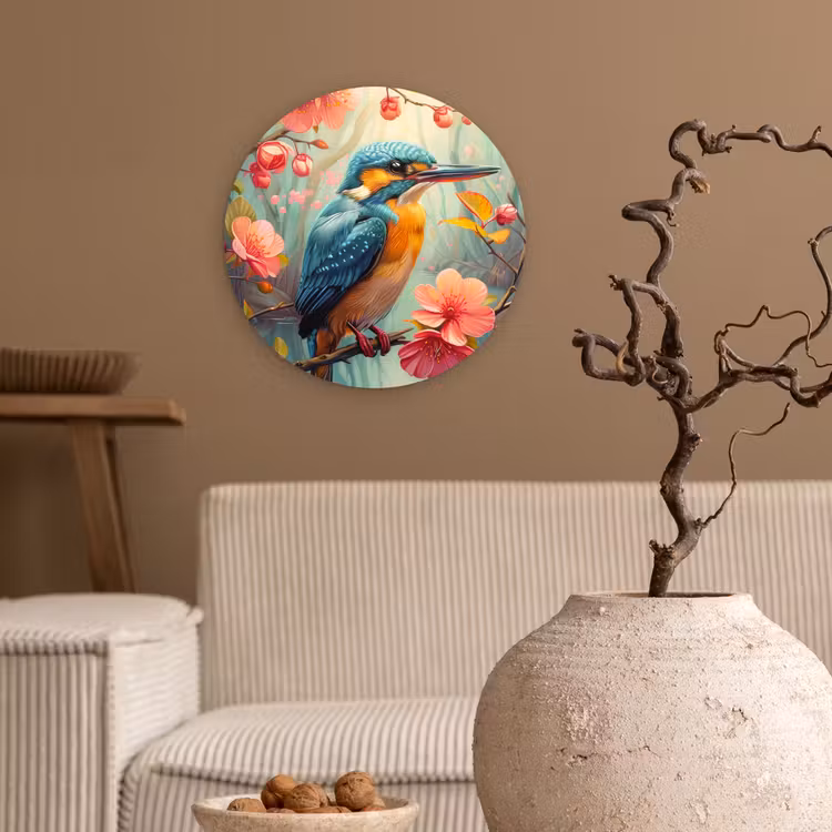 IJsvogel - Bloesem - Natuur - Vogels - Bloemen Wandcirkel kunststof plaat 5mm dik klein -sfeer1