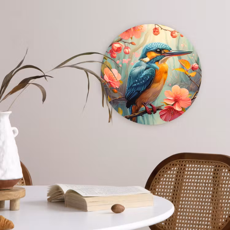 IJsvogel - Bloesem - Natuur - Vogels - Bloemen Wandcirkel kunststof plaat 5mm dik klein -sfeer4